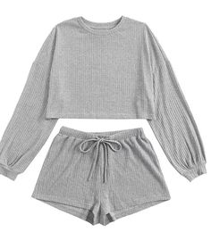 Rib Knit Crop Top, Lounge Wear Set, Drawstring Waist Shorts, Short Pj Set, Long Sleeve Jumper, Crop Top And Shorts, Knit Sleeve, Round Neck Tops, Knit Crop Top