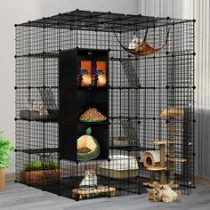 a caged in room with several different types of items on shelves and cat toys