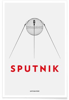 a poster with the words sputnik in red and black, on a white background