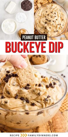 peanut butter buckeye dip in a glass bowl with chocolate chips and graham crackers