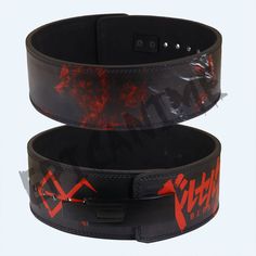 two wristbands with red and black designs on the sides, one has a metal buckle