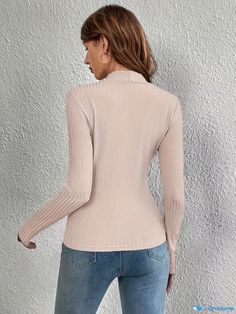 Orcajump - Solid Ribbed Mock Neck T-shirt, Casual Long Sleeve Top, Women's Clothing Fitted Ribbed Long Sleeve T-shirt, Fitted Long Sleeve Ribbed T-shirt, High Stretch Crew Neck Top With Ribbed Neckline, Solid Ribbed Long Sleeve T-shirt, Long Sleeve Solid Ribbed T-shirt, Solid Color Ribbed Long Sleeve T-shirt, Solid Color Top With Ribbed Collar And Crew Neck, Winter Ribbed Crew Neck T-shirt, Long Sleeve T-shirt With Ribbed Neckline