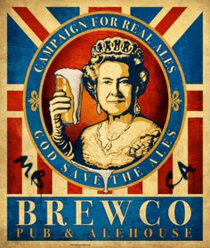 an old poster with the queen holding a beer