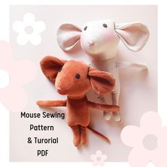 two stuffed animals sitting next to each other on top of a white background with pink flowers