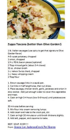 the recipe for zupa's toscana better than olive garden is shown