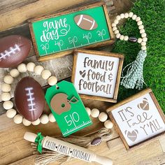 some football themed cookies are sitting on the table next to other decorations and items for sports day