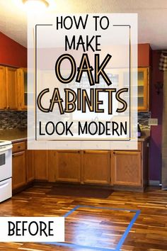 a kitchen with oak cabinets and an open floor plan before and after remodeling