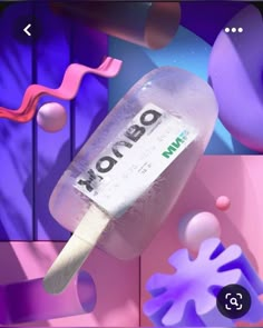 an ice cream popsicle with the word frozen on it in front of purple and pink shapes