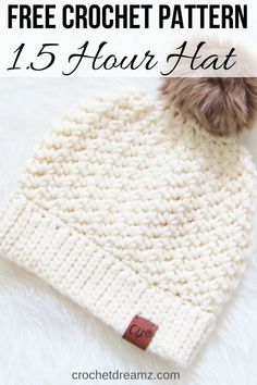 a crochet beanie with the text free crochet pattern 15 hour hat