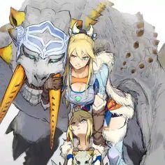 the legend of zeria and her companions are standing in front of an animal like creature