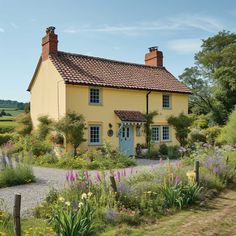 a yellow house surrounded by flowers and greenery