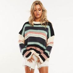 Long Sleeve Striped Colorblock Knit Sweater Loose Pullover Sweater, Knitting Sweaters, Hype Clothing, Mesh Fashion, Sweater Striped, Loose Pullover, Favorite Sweater, Pullover Sweater Women, Pattern Sweater