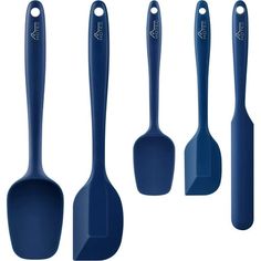 four blue kitchen utensils lined up next to each other