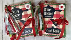 two book covers decorated with red ribbon and bows