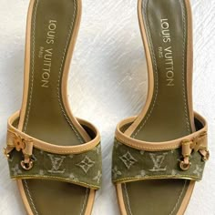 a pair of louis vuitton sandals with gold hardwares on the toes and straps