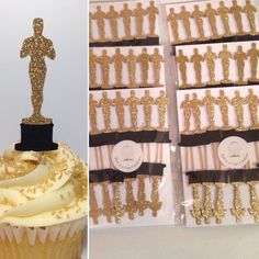 cupcakes decorated with gold glitter and an oscar statue topper on each one