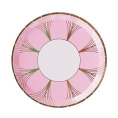 a pink and gold plate with a white circle in the center on a white background