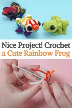 two pictures with the words nice project crochet a cute rainbow frog on it