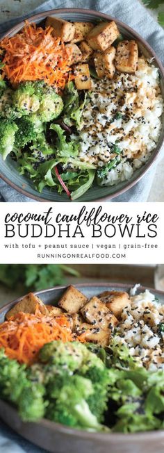 two plates filled with broccoli, cauliflower and tofu bowls next to each other