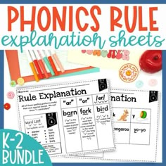 the phonics rules and explanation sheets are shown in two different colors, with text on