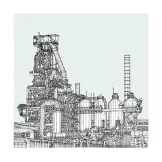 an ink drawing of a factory with pipes and smokestacks