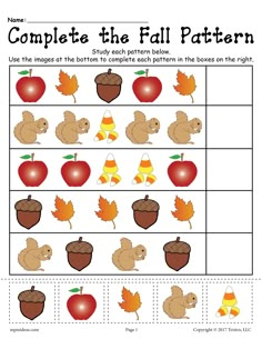 FREE Printable Fall Pattern Worksheet! Kindergarten Fall Worksheets, Prek Thanksgiving, Preschool Pattern Worksheets, Fall Preschool Worksheets, Pattern Worksheets For Kindergarten, Worksheet For Preschool, Preschool Patterns, Fall Worksheets, November Ideas