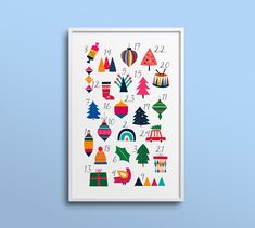 a colorful poster with numbers and christmas ornaments on it, against a blue background that has a white frame