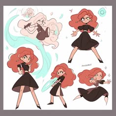 the character sheet for an animated film, featuring red hair and black dress with long sleeves