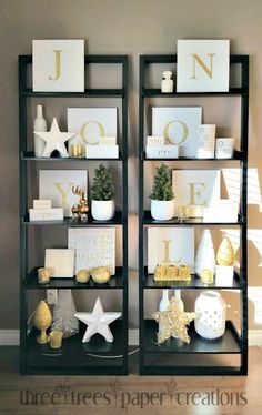 two shelves with christmas decorations on them