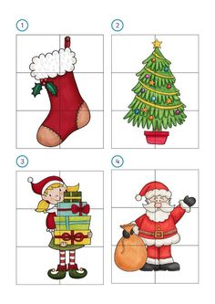 four different christmas pictures with santa claus and stockings on the bottom, one is holding a bag