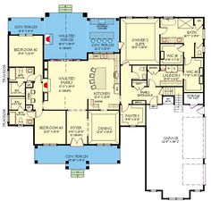 this is the first floor plan for a house with two master suites and an attached garage