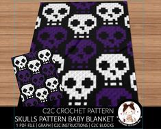 a purple and black blanket with skulls on it, next to a wooden background that says c2c crochet pattern skull baby blanket