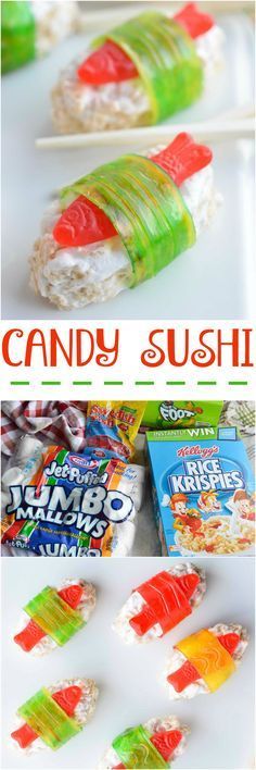 candy sushi with gummy bears on top and in the background, there are two pictures