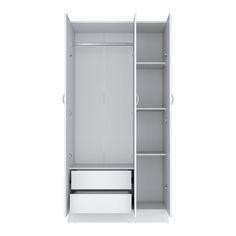 a white closet with drawers and shelves on the bottom shelf is shown in front of a white background