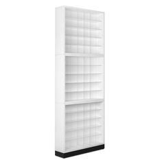 a white book shelf with three shelves on each side