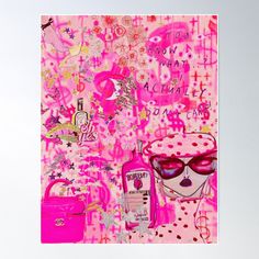 a pink poster with lots of different things on it