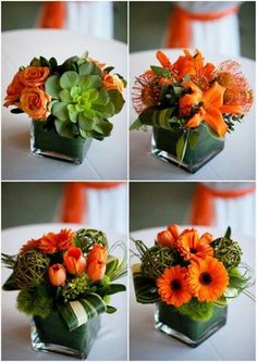 four different pictures of flowers in a square vase