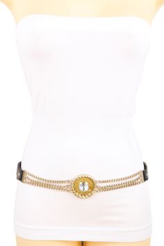 Style : Fashion stylish fancy look / Waist or HipCondition : Brand NewColor : Black faux leather and stretch waistband strap + gold metal chain links and charm + silver rhinestone bead Size: One Size Belt - Adjustable Can Fit Size Small - Medium Waist Size: About 28" - 37"Belt Width : About 1 2/8" wide Brand New Trendy Urban Superb Women Waistband Spring Summer Winter Fall Modern All Year Around Collection Ladies Fashion Feminine Style Sexy Premium Belt - perfect for day or night look great for Trendy Adjustable Gold Waist Chain, Party Jewelry With Metal Decoration, Adjustable Metal Chain Belt, Adjustable Gold Chain Belt, Gold Jewelry With Metal Decoration, Chic Adjustable Gold Chain Belt, Gold Metal Waist Chain Belt, Adjustable Gold Chain Link Belt, Gold Chain Belt With Rhinestones For Party