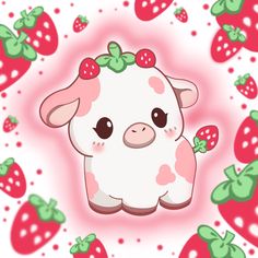 a cartoon cow with strawberries around it's neck