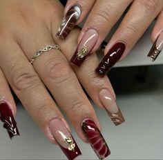 Chrome Nails French Tip, Fall Nails Red, French Tip Fall Nails, Burgundy Chrome Nails, Acrylic Nails Chrome, Maroon Nails, Airbrush Nails, Edgy Nails, Girly Acrylic Nails