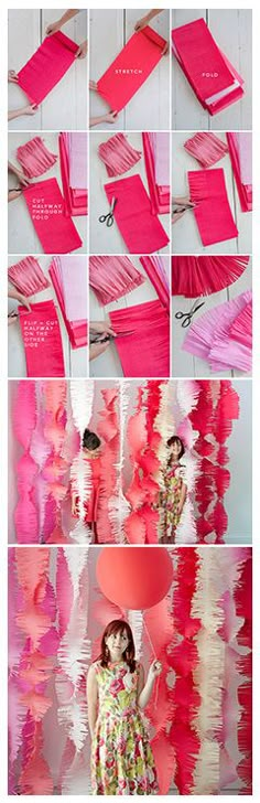 the process of making tissue paper flowers with pink and red colors, including one balloon