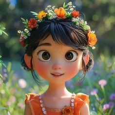 a cartoon girl with flowers in her hair and necklace on, standing in the grass