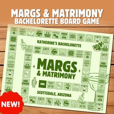 the margs and matrimony board game is on display in front of a wooden table