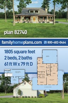 two story house plan with 3 beds, 2 baths and an attached garage in the front yard