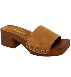 Add a touch of retro inspired height in this studded wood slide. Made in Italy Size Info• True to size Details & Care• Kid Suede Black, Pecan + Leather Silver• Heel style: Block• Toe shape: Square• Heel height: 2.24 inch with 1.10 inch platform Shoe Business, 70s Inspired Outfits, Brown Block Heels, Brown Mules, Silver Heel, Mule Heels, Hello Lover, Wood Shoes, Slides Women