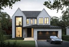 a car is parked in front of a white two - story house with black shutters