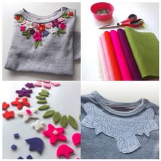 four different pictures with felt flowers, scissors and other crafting supplies on them including t - shirts