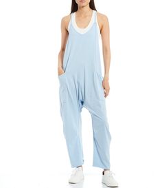 From FP Movement&#x2C; this onesie features:Scoop necklineSpaghetti strapsWide legAnkle length Large front patch pocketsPull-on constructionApprox. 13.75" inseamCotton/spandexMachine wash/dry flatImported. Casual Bodysuit With Adjustable Straps, Sleeveless Cotton Jumpsuits And Rompers For Athleisure, Sleeveless Cotton Jumpsuits And Rompers In Athleisure Style, Sporty Sleeveless Relaxed Fit Jumpsuits And Rompers, Comfortable Sleeveless Summer Jumpsuits And Rompers, Casual Stretch Jumpsuits And Rompers With Adjustable Straps, Sporty Spring Bodysuit For Loungewear, Sporty Bodysuit For Spring Loungewear, Summer Cotton Athleisure Jumpsuits And Rompers