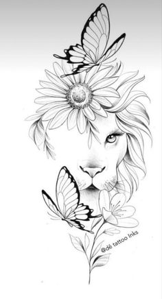 a drawing of a lion with butterflies on its head