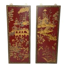 This pair of Asian panels are a striking statement!  Hand-painted with black and gold chinoiserie landscape with architectural scenes. Decorative wall mount brass brackets for a completed look and for easy hanging. Measurements provided is for one panel. Asian Room, Brass Brackets, Vintage Brass Decor, Asian Wall Art, Silver Decor, Wood Panels, Asian Decor, Future Apartment, Vintage Barware